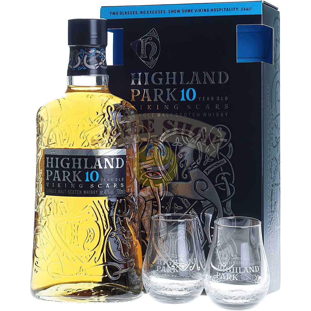 Scotch Whisky Highland Park 10 YO +2Bicchieri – Set Regalo – 10 ml – 40.0% vol.: vista principale